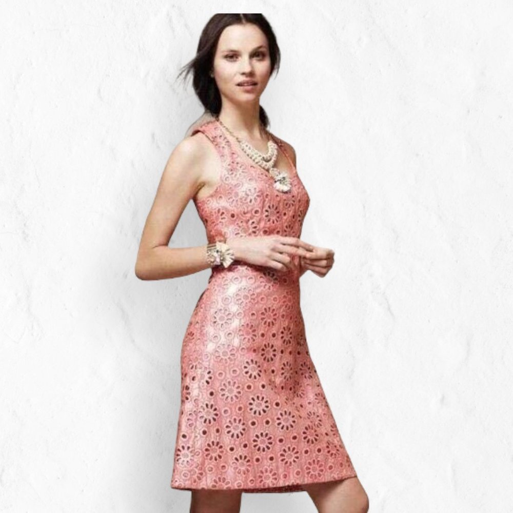 Maeve Anthropologie Coral Shine Floral Eyelet A-Line V-Neck Dress 10